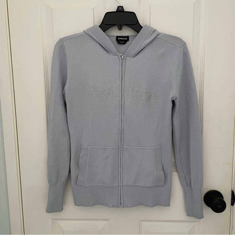 Vintage Y2K Bebe Light Blue Diamanté Rhinestone Bling Zip-Up Hoodie Sweater
